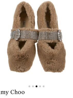 Jimmy Choo Beige Faux-Fur Crystal-Strap Slippers